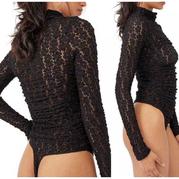 Free People Day And Night Black Lace Bodysuit Stretchy High Neck Size Large - Picture 2 of 10